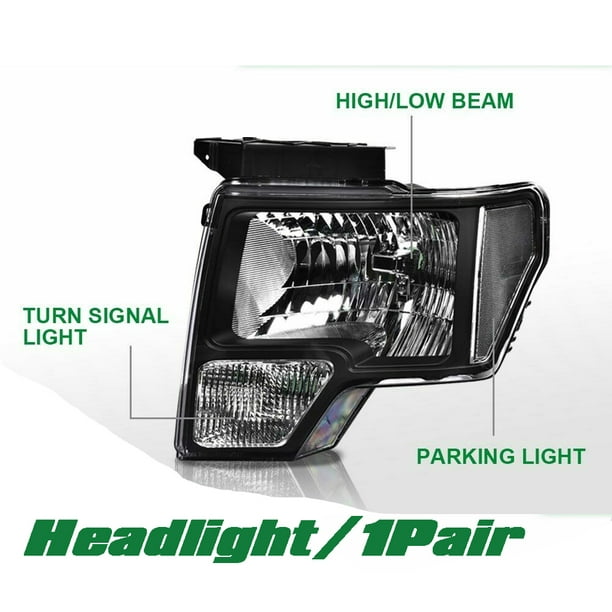 Fit For 2009-2014 Ford F150 Pickup Black Housing Claer Side Headlight/Lamp Set